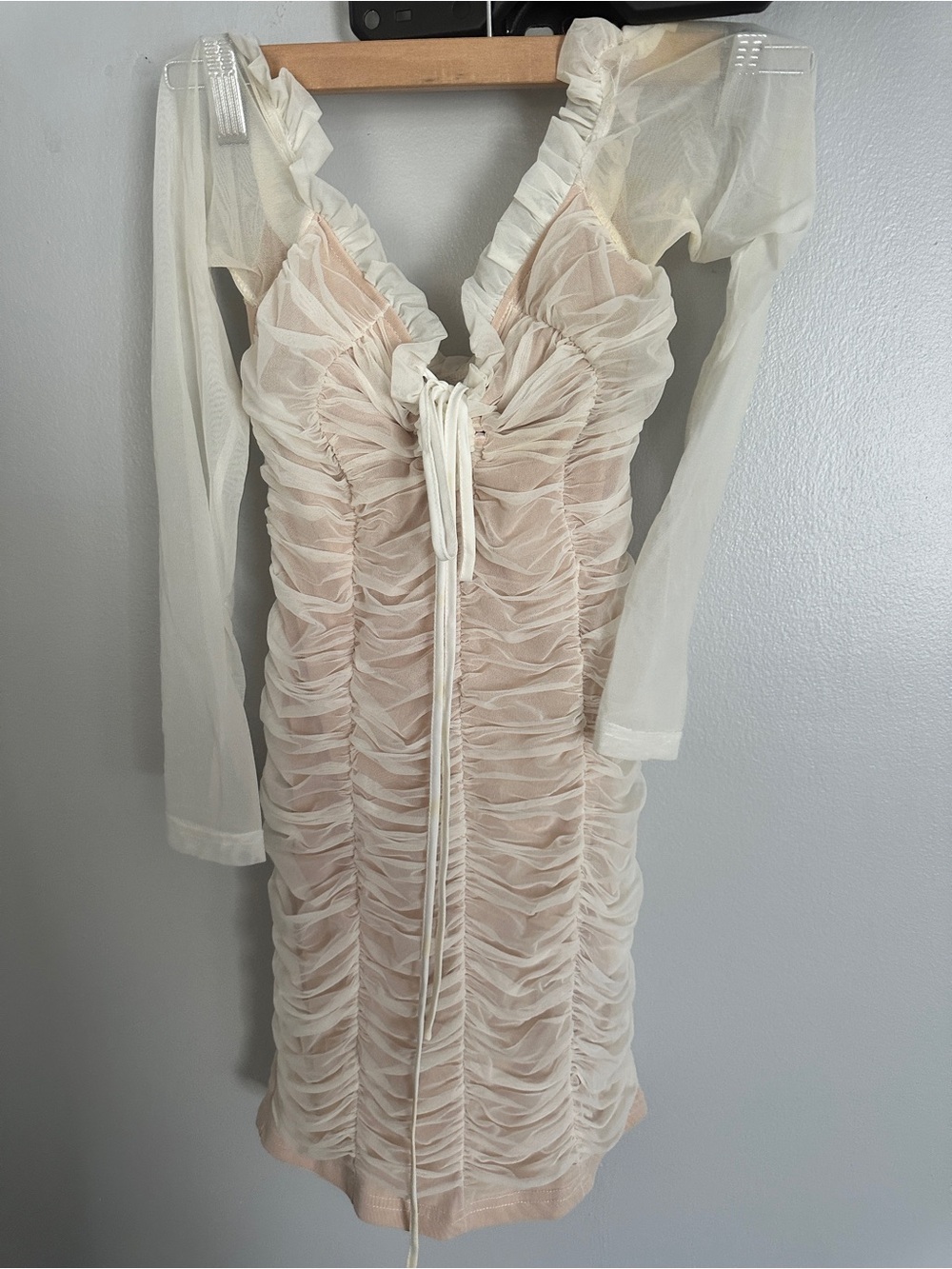 Fashion Nova Sheer Ruched Ivory and Blush Mesh Dress